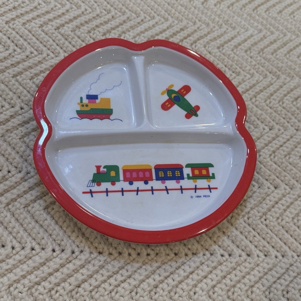 Peco Child's Melamine Divided Plate Train Boats Airplanes VTG 1984 Primary Color